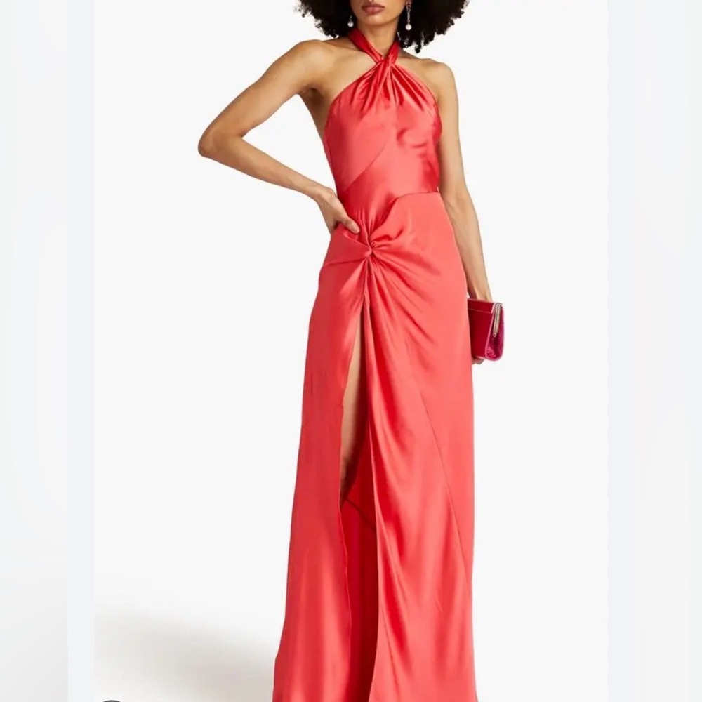 Ronny Kobo Collection Red Halter Backless Twist Front Gown